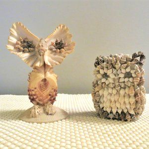 Pair of Handmade Coastal Owl Figurines Unique Artisan Sea Shell Beach Art